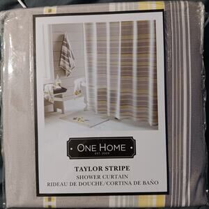 One Home Fabric Shower Curtain Gray, White and Light Yellow NEW Taylor Stripe
